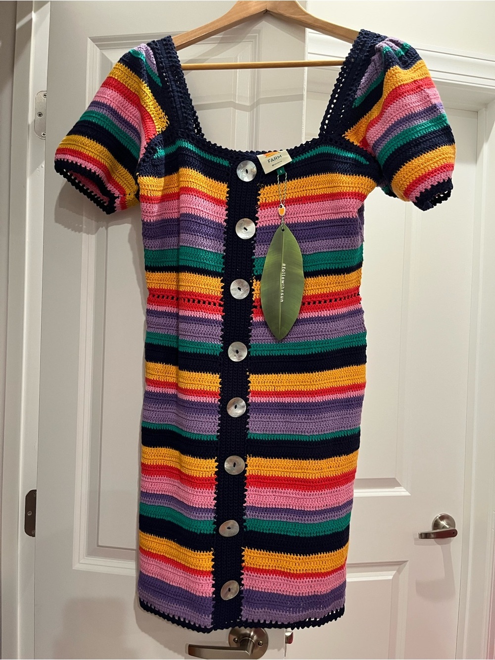 FARM Rio Colorful Striped Crochet Mini Dress with Navy Trim - Picture 5 of 8